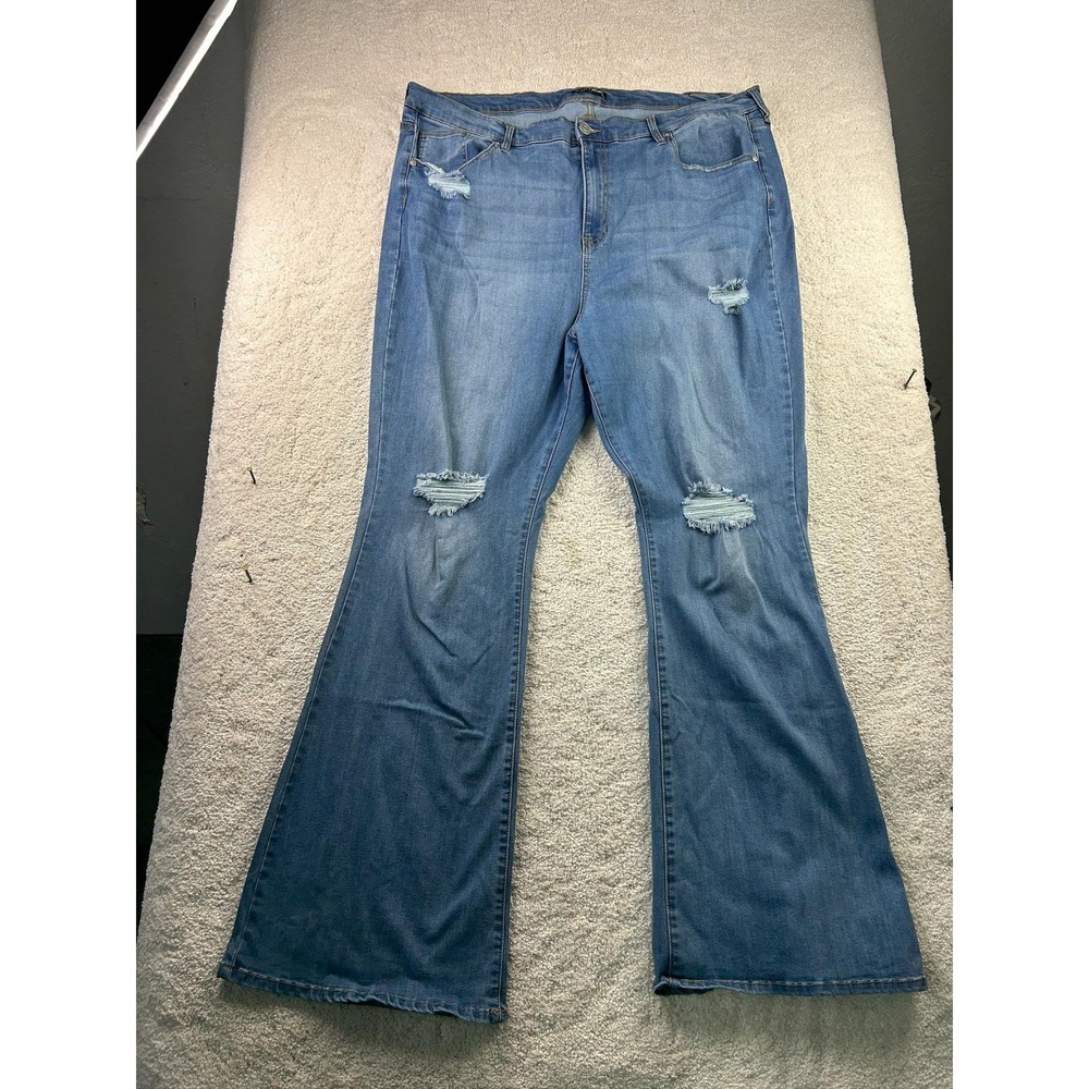 Fashion Nova Jeans Womens 22 Blue Flare Distressed High Rise Stretch Denim Pants